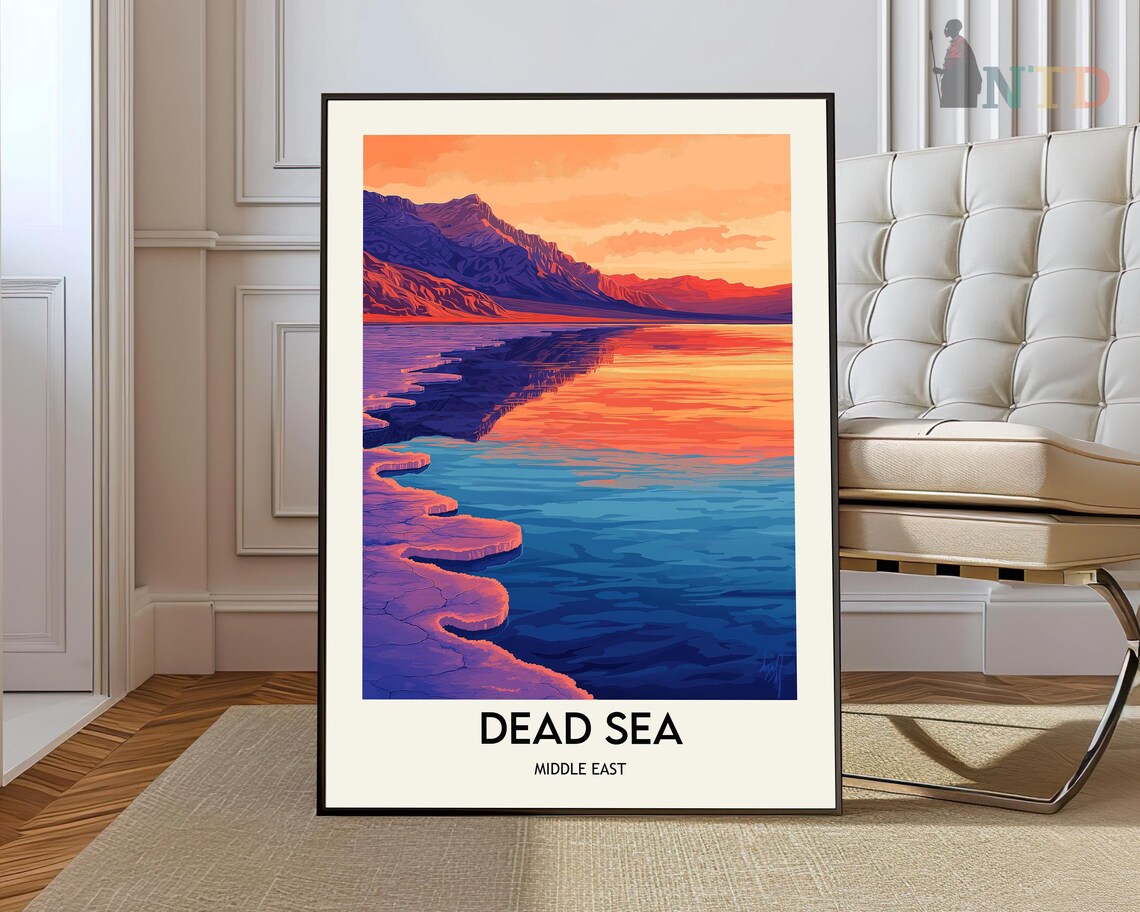 Dead Sea Sunset Mountains Shoreline Middle East Travel Poster