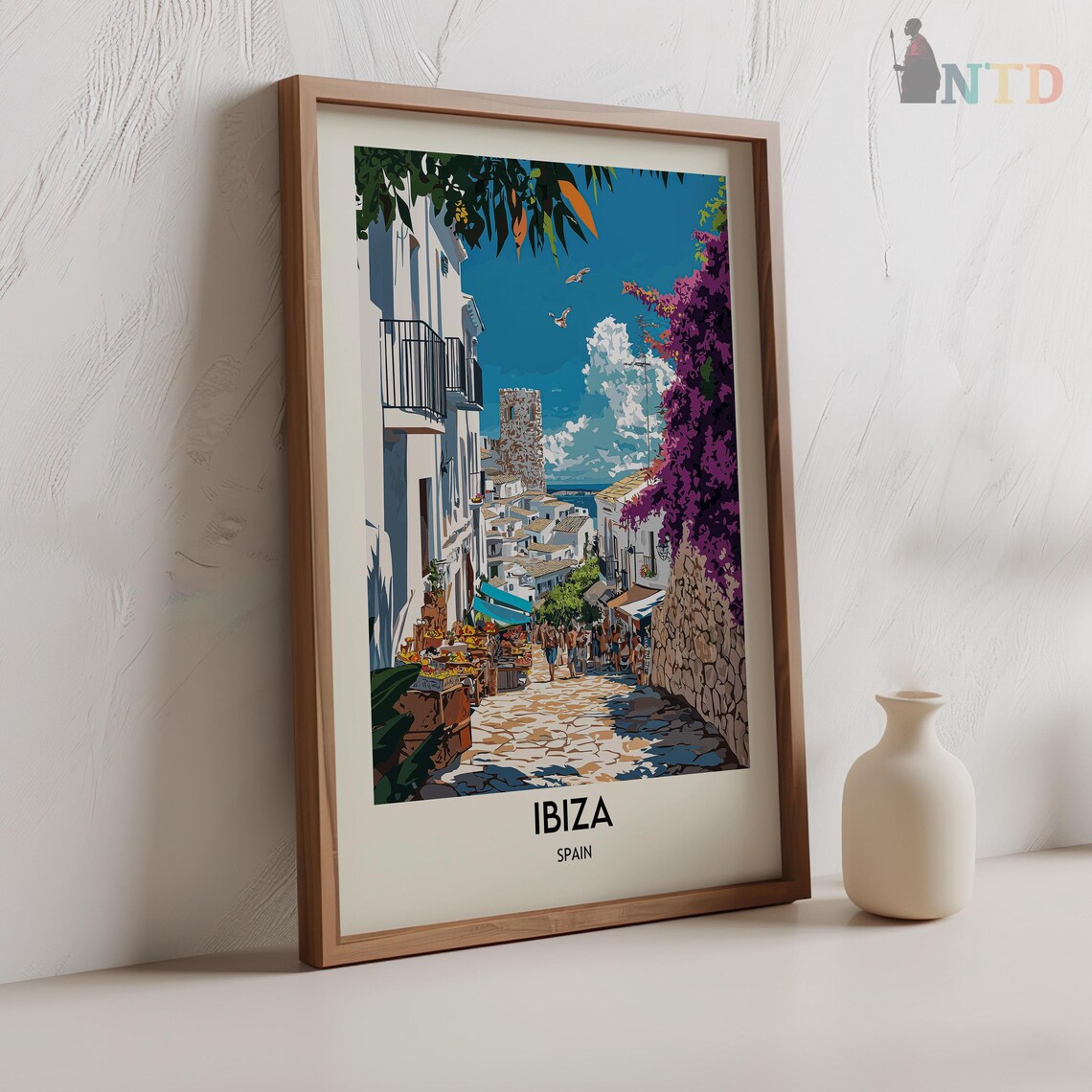 Ibiza Spain Cobblestone Market Street Whitewashed Town Travel Poster - Image 2