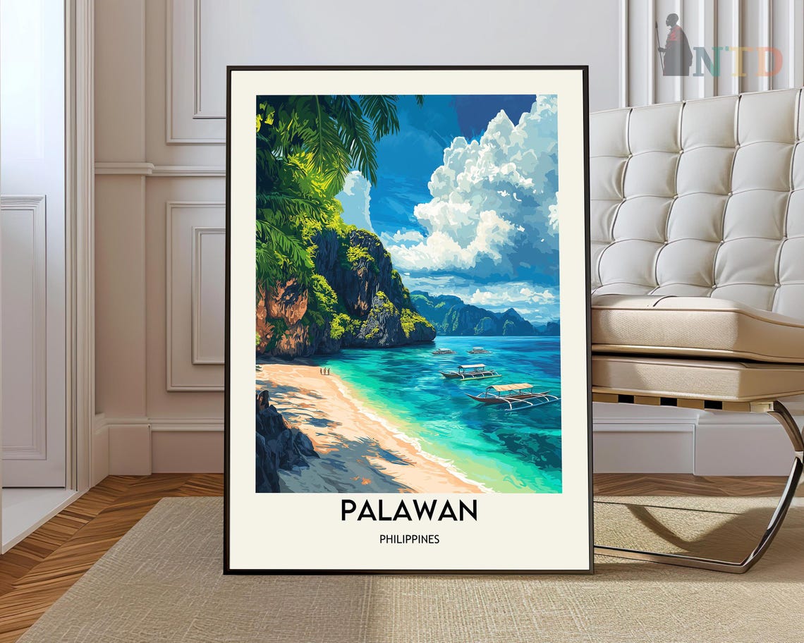 Palawan Philippines Palm Trees Beach Boats Island Travel Poster