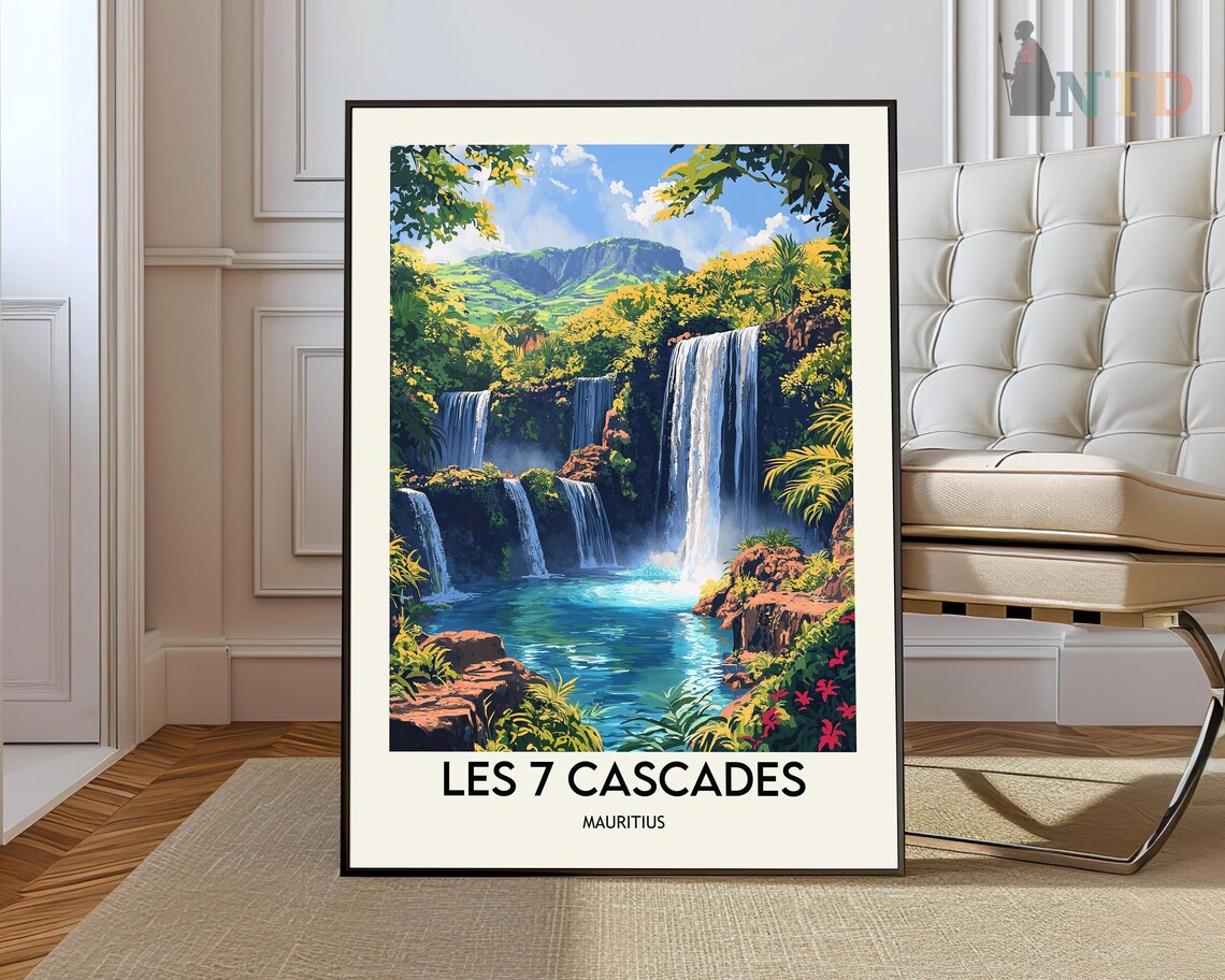 Les 7 Cascades Mauritius Waterfall Jungle Illustration Poster