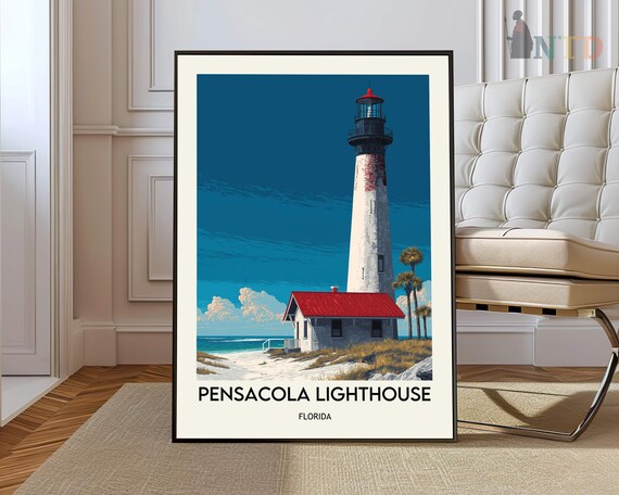 Pensacola Lighthouse Florida Sandy Beach Palms Travel Art Poster