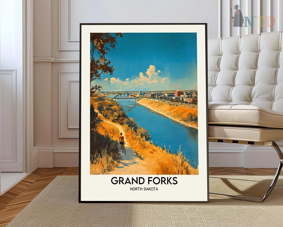 Grand Forks North Dakota River Bridge Sunset Trail Travel Poster