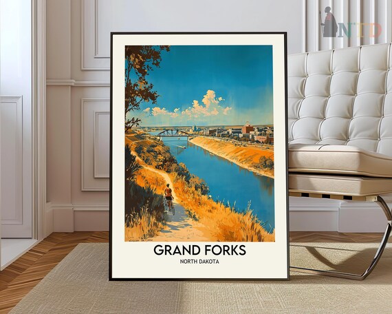 Grand Forks North Dakota River Bridge Sunset Trail Travel Poster