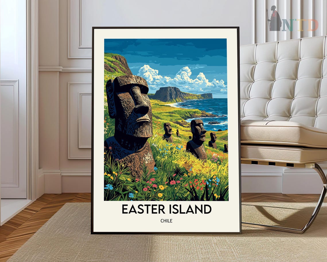 Easter Island Chile Moai Statues Daytime Coast Travel Poster