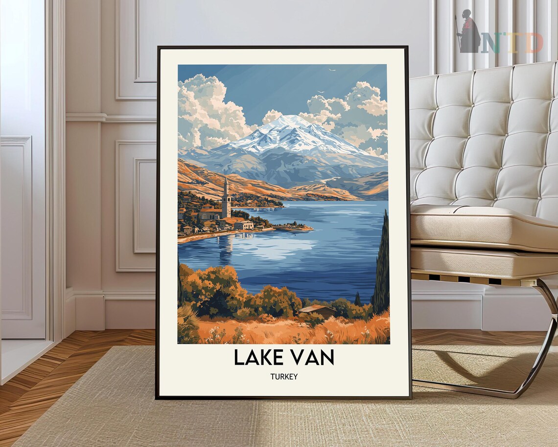 Lake Van Turkey Travel Poster Snow Capped Volcano by the Lake Art