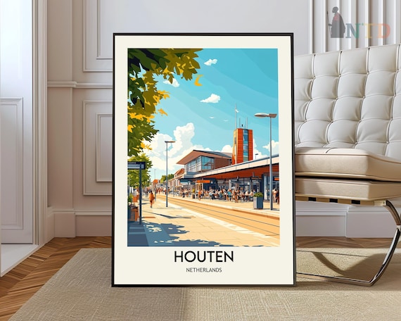 Houten Netherlands Vintage Railway Station Scene Travel Poster