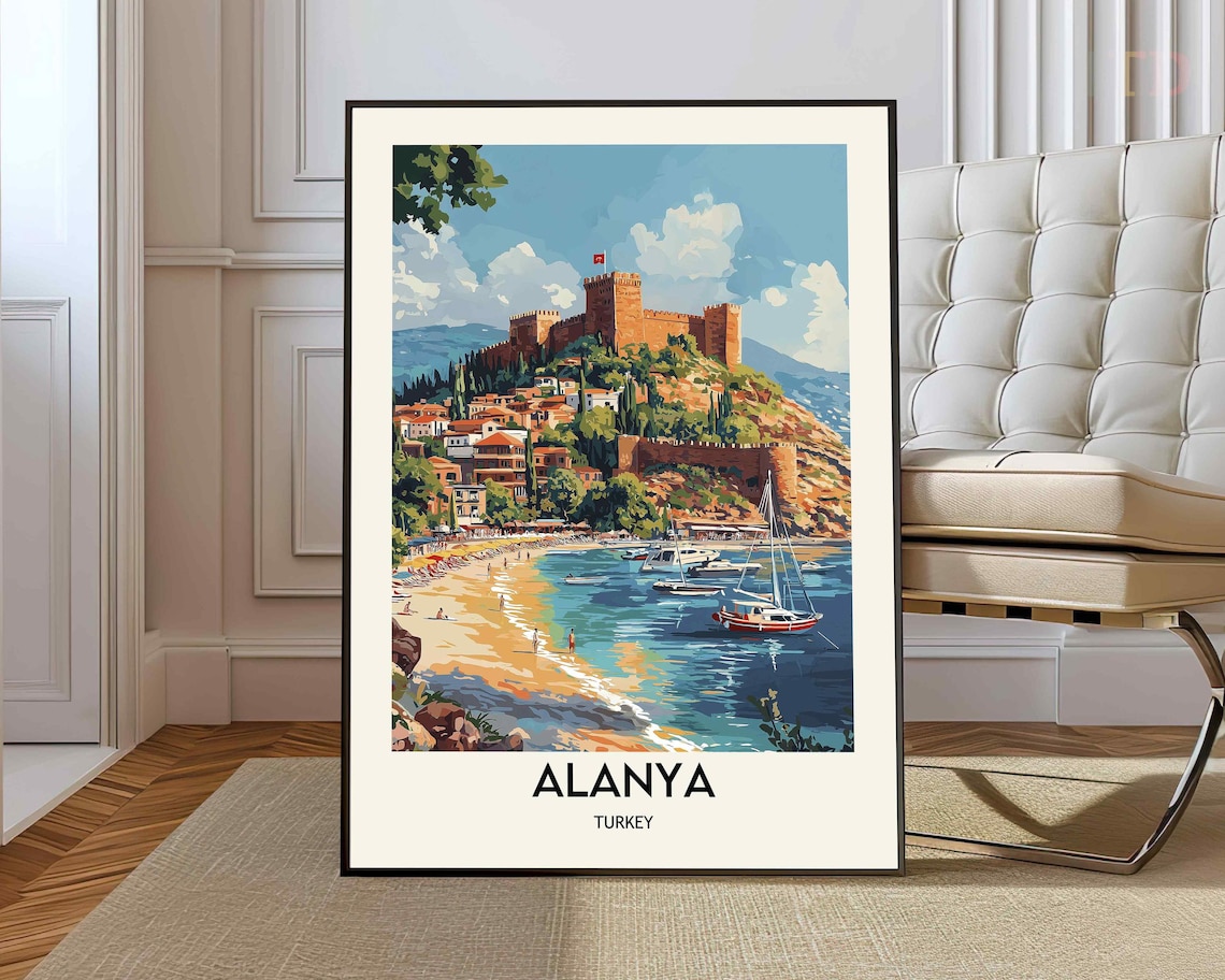 Alanya Turkey Coastal Castle Beach Resort Summer Travel Poster