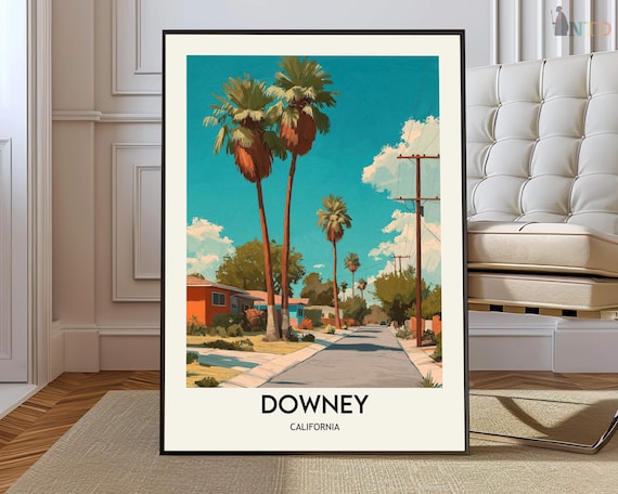 Downey California Palm Lined Suburban Street Vintage Travel Poster