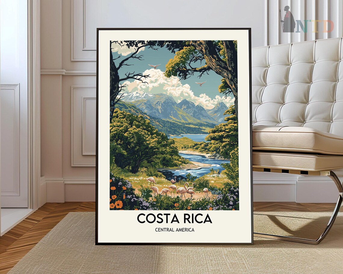 Costa Rica Flamingo Lake Mountains Vintage Style Travel Poster