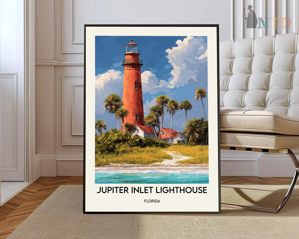 Jupiter Inlet Lighthouse Florida Coral Tower Palm Grove Beach Scene Travel Poster