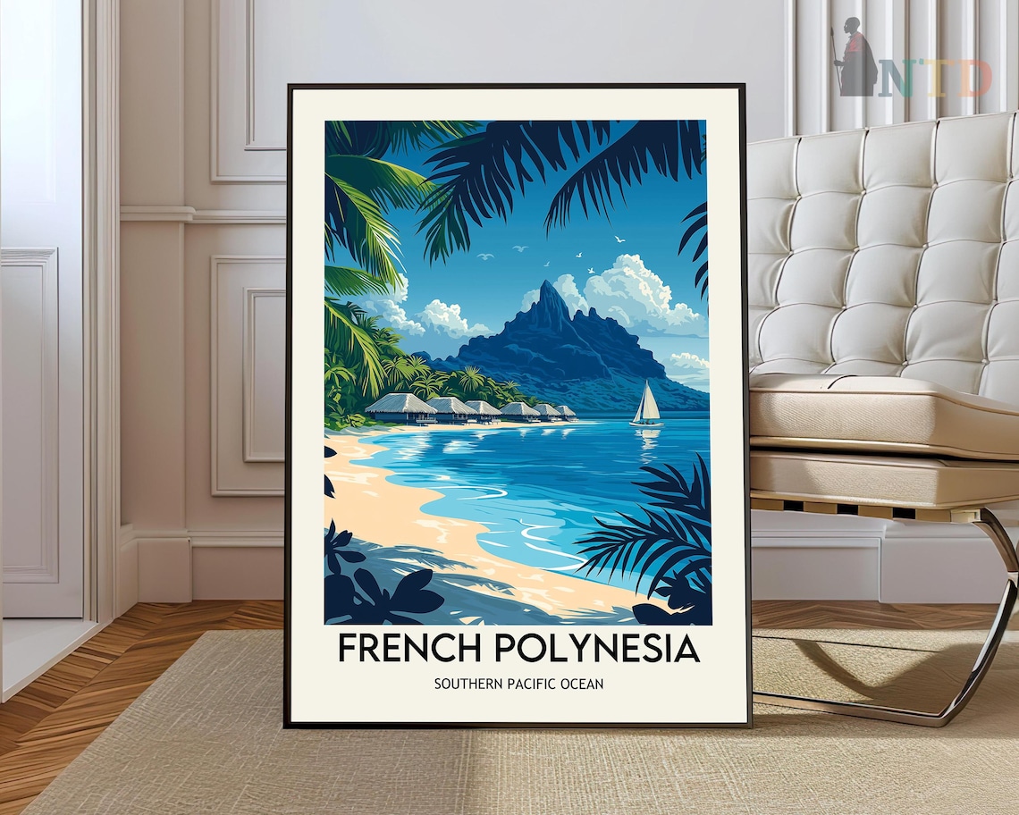 French Polynesia Blue Lagoon Night Sailboat Tropical Travel Poster