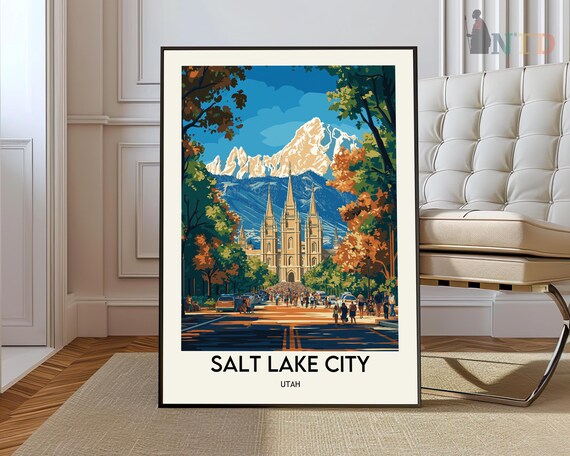 Salt Lake City Utah Temple Square Vintage Illustration Travel Poster