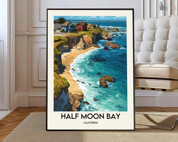Half Moon Bay California Cliff Coast Beach Houses Travel Poster