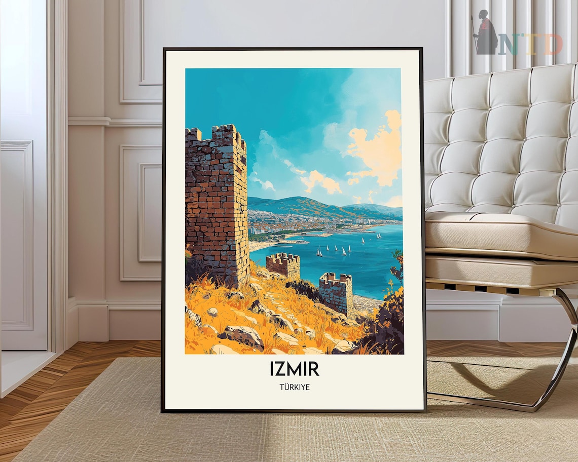 Izmir Turkiye Travel Poster Historic Castle Towers Bay Sailboat Art