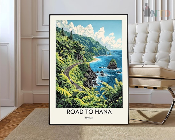 Road to Hana Hawaii Jungle Coast Ocean Drive Vintage Travel Poster