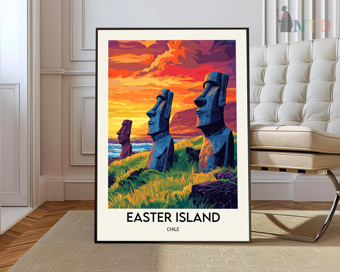 Easter Island Chile Three Moai Ocean Fiery Sunset Travel Poster