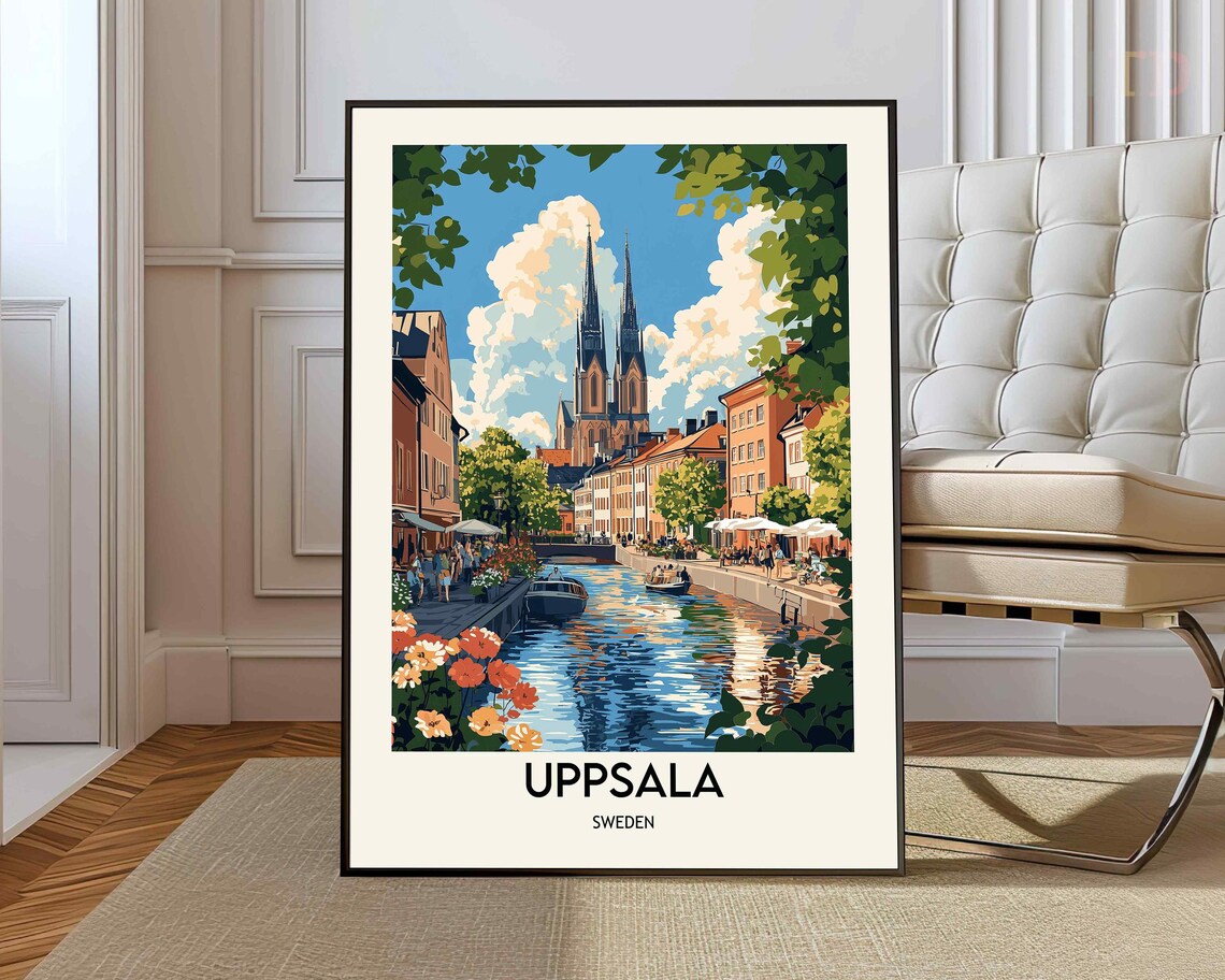 Uppsala Sweden Cathedral Riverside Cafes Flowers Vintage Poster