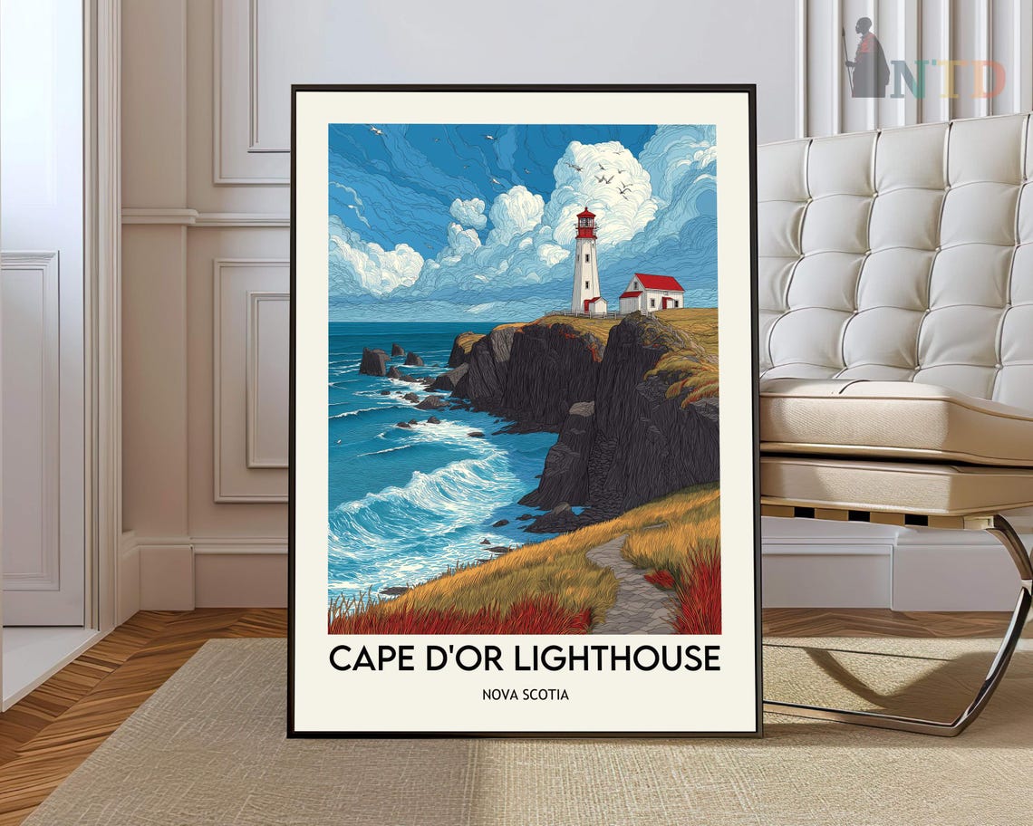 Cape d'Or Lighthouse Nova Scotia Cliffs Travel Illustration Poster