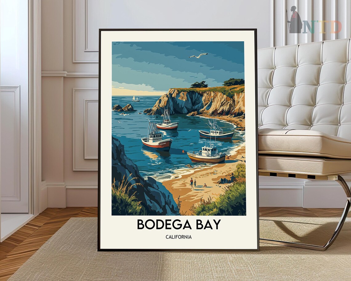 Bodega Bay California Fishing Boats Rocky Cove Cliffs Poster
