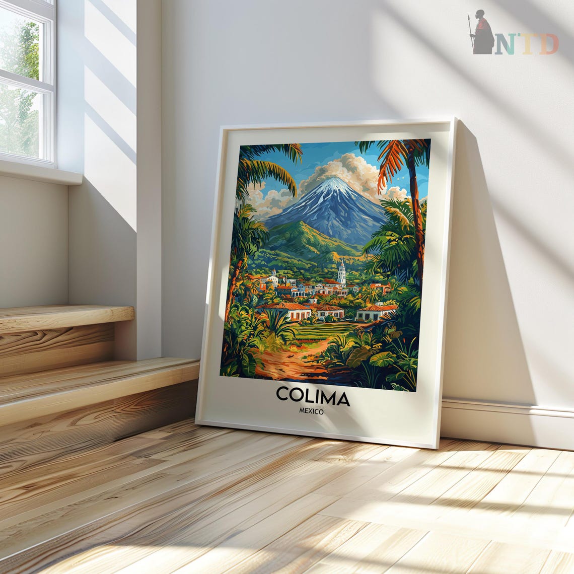 Colima Mexico Snowcapped Volcano Tropical Town Palm Trees Poster - Image 2