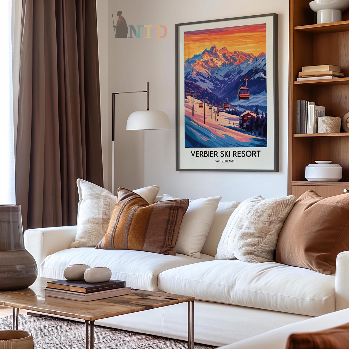 Verbier Ski Resort Gondolas at Orange Sunset View Travel Poster - Image 2
