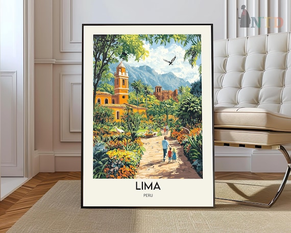 Lima Peru Orange Church Garden Path Andes Mountains Travel Poster