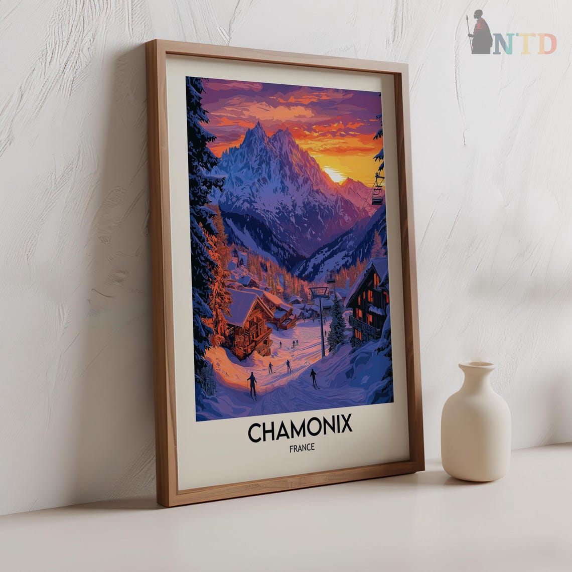 Chamonix France Sunset Ski Village Alpine Glow Slopes Poster - Image 2
