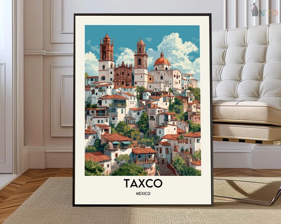 Taxco Mexico Church Towers Hillside Town Vintage Travel Poster