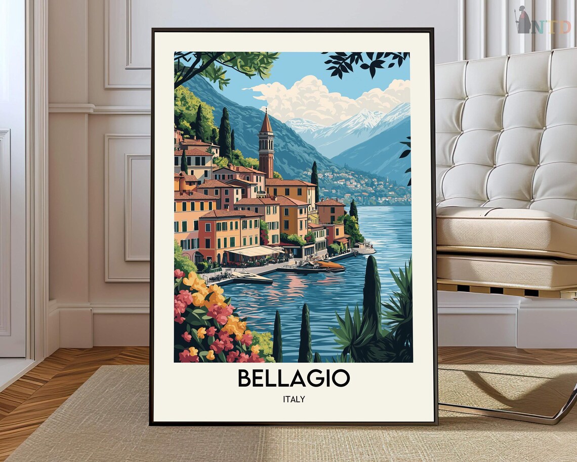 Bellagio Lake Como Italy Vintage Travel Poster Waterfront Village Art