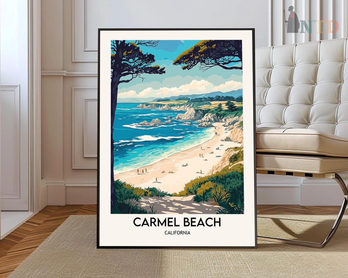 Carmel Beach Cypress Framed Ocean View Vintage Travel Poster