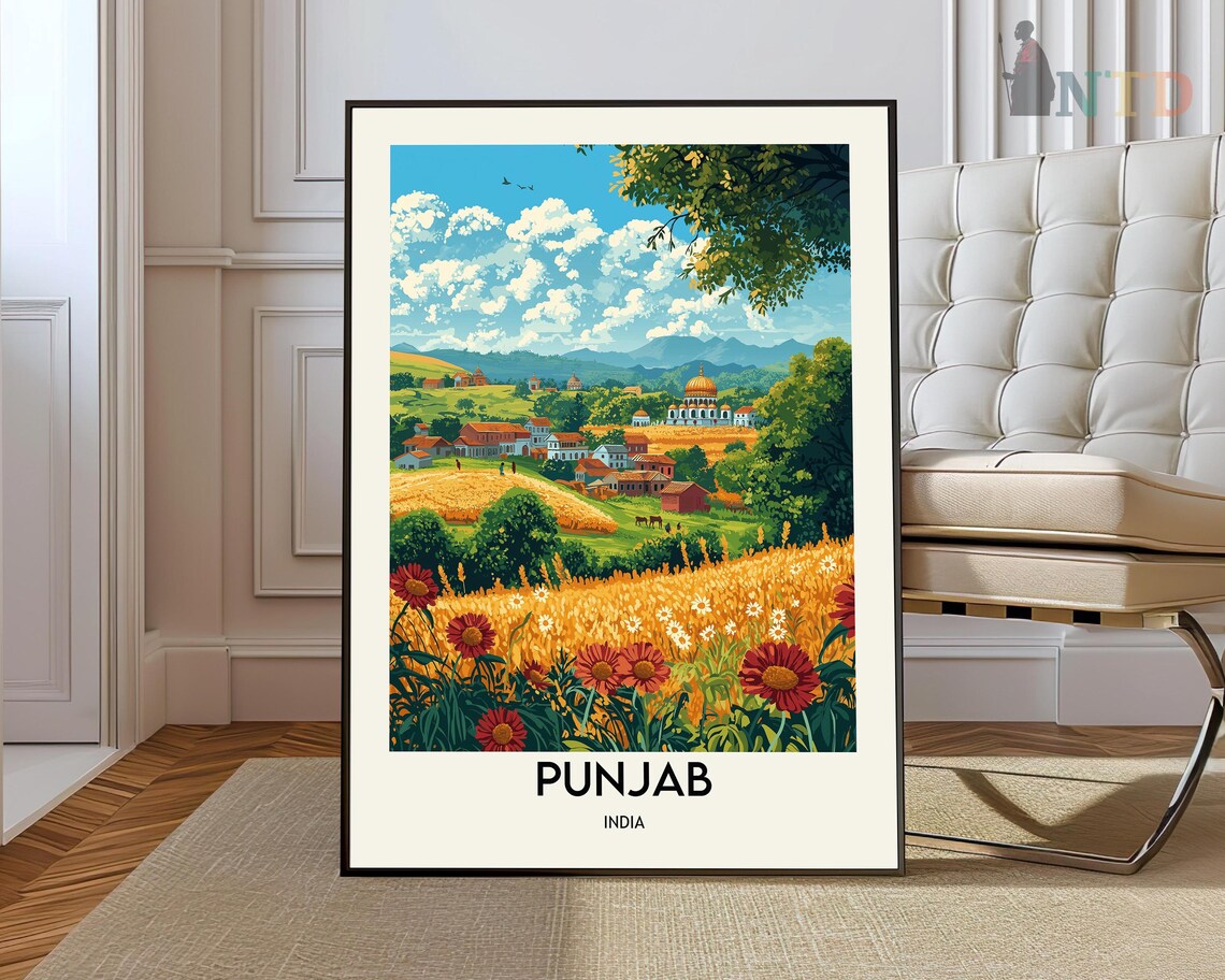 Punjab India Golden Wheat Fields Village Domed Temple Harvest Poster