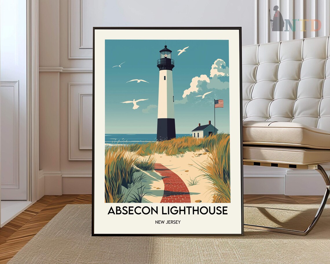 Absecon Lighthouse New Jersey Beach Dunes Vintage Travel Poster
