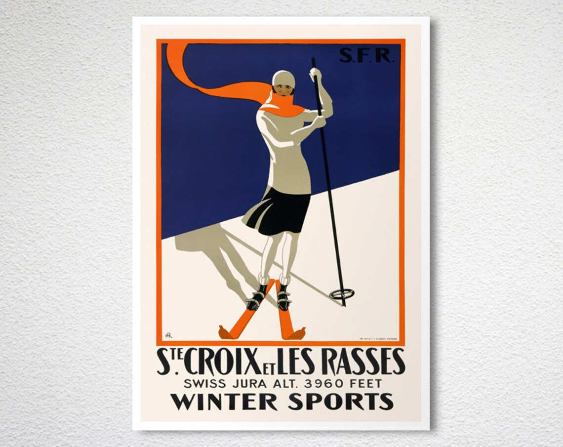 Ste Croix Les Rasses Winter Sports Vintage Swiss Jura Skiing Poster - Image 2