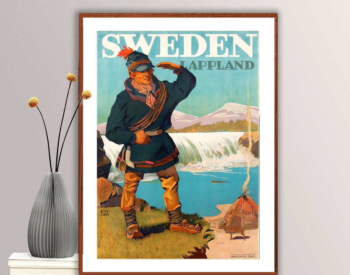 Sweden Lappland Sami Man Waterfall Traditional Dress Travel Poster
