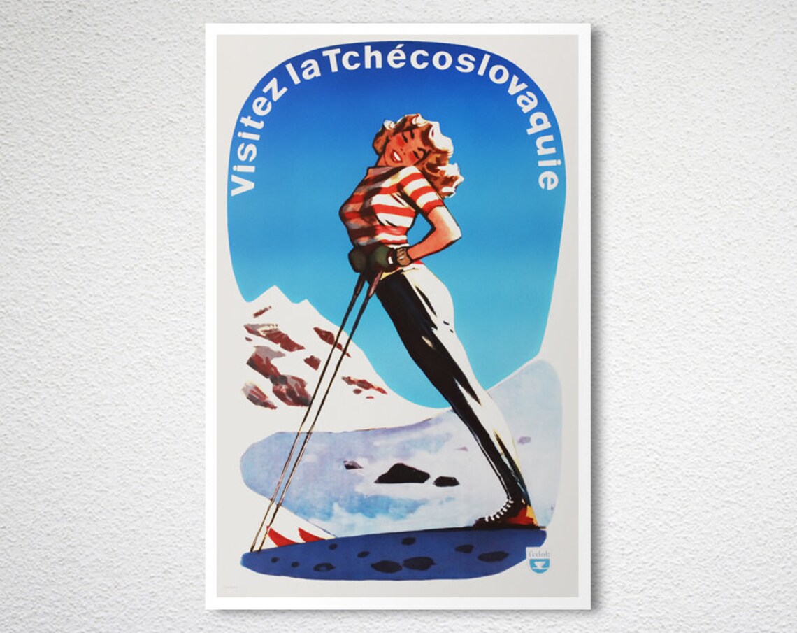 Visitez La Tchecoslovaquie Skier Girl Vintage Ski Travel Poster - Image 2