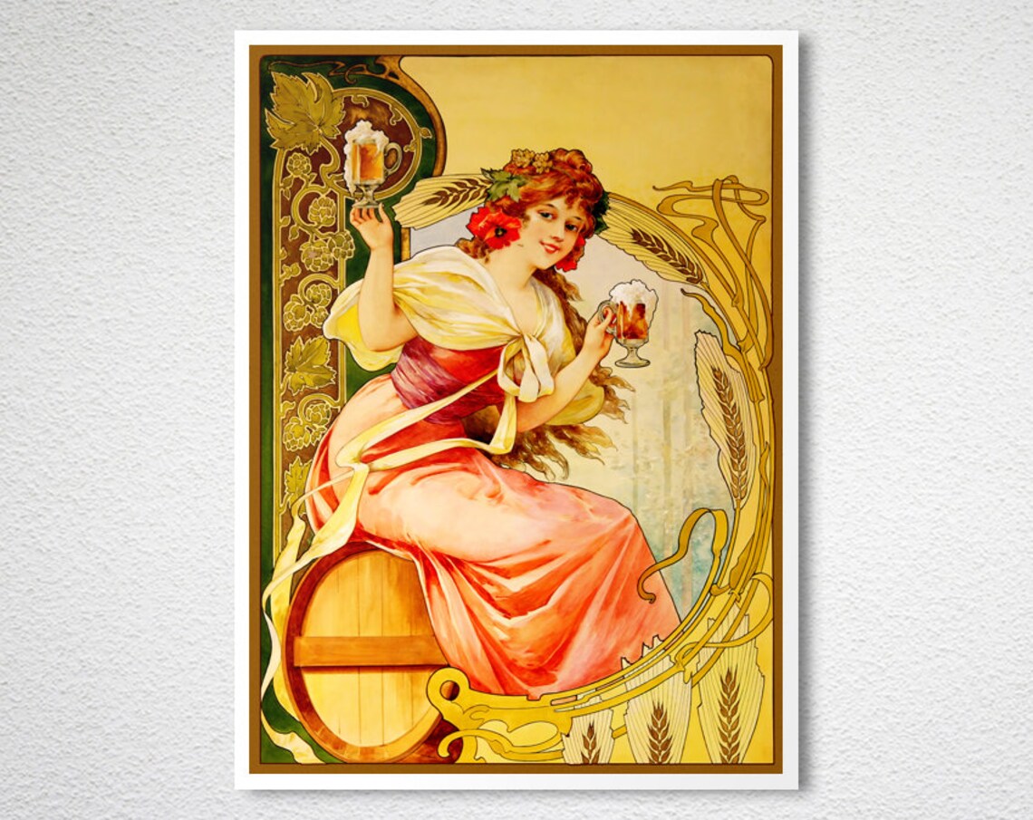 Art Nouveau Beer Maiden on Barrel Vintage Brewery Advertising Poster - Image 2