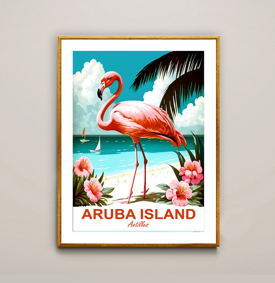 Aruba Island Flamingo Beach Hibiscus Vintage Caribbean Travel Poster - Image 2
