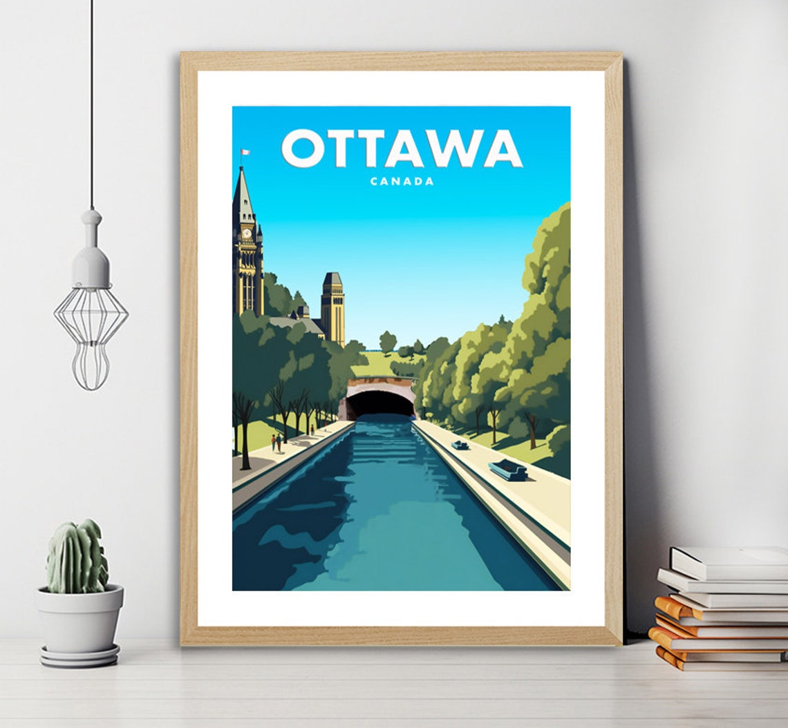 Ottawa Canada Rideau Canal Parliament Tower Vintage City Travel Poster
