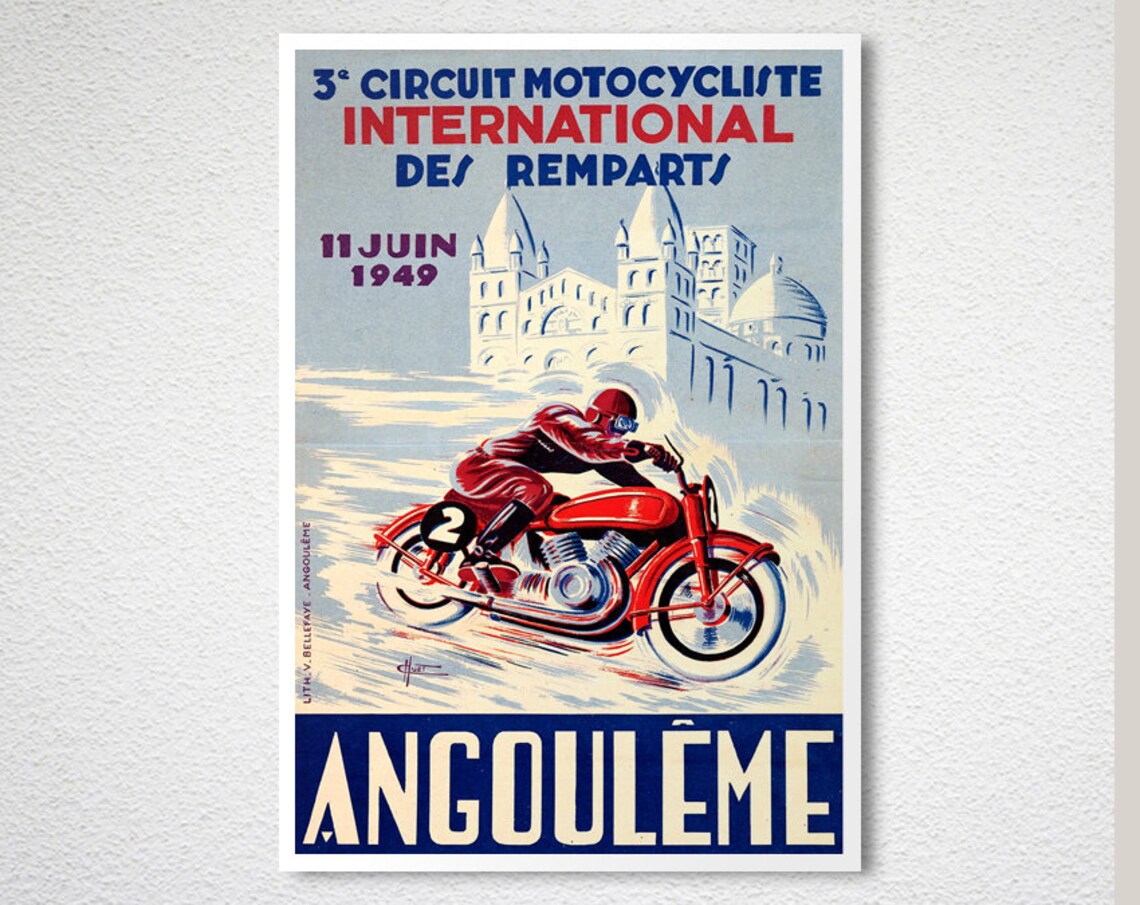 Angouleme 1949 Motorcycle Grand Prix Vintage French Sports Poster - Image 2