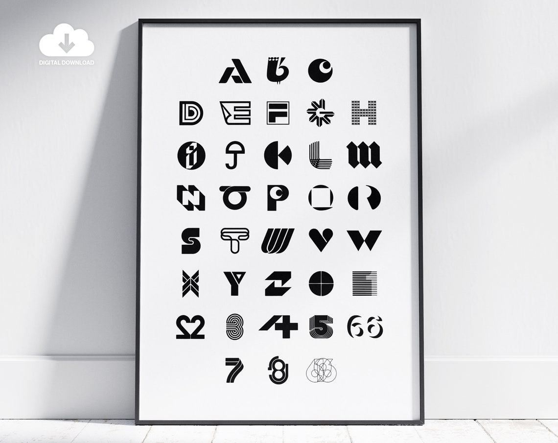 Stylized Alphabet Letterforms Black On White Designer Typeface Poster