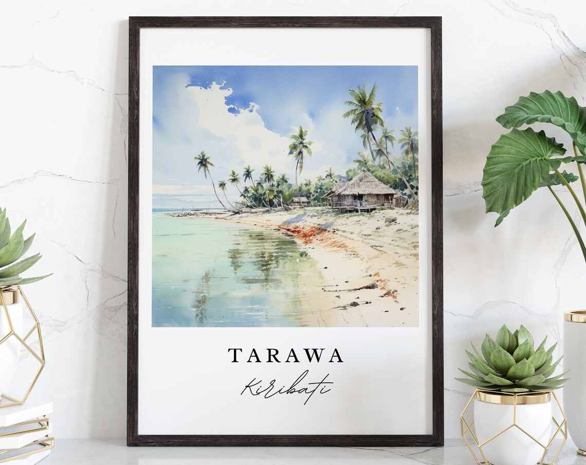 Tarawa Kiribati Palm Beach Hut Calm Lagoon Watercolor Poster