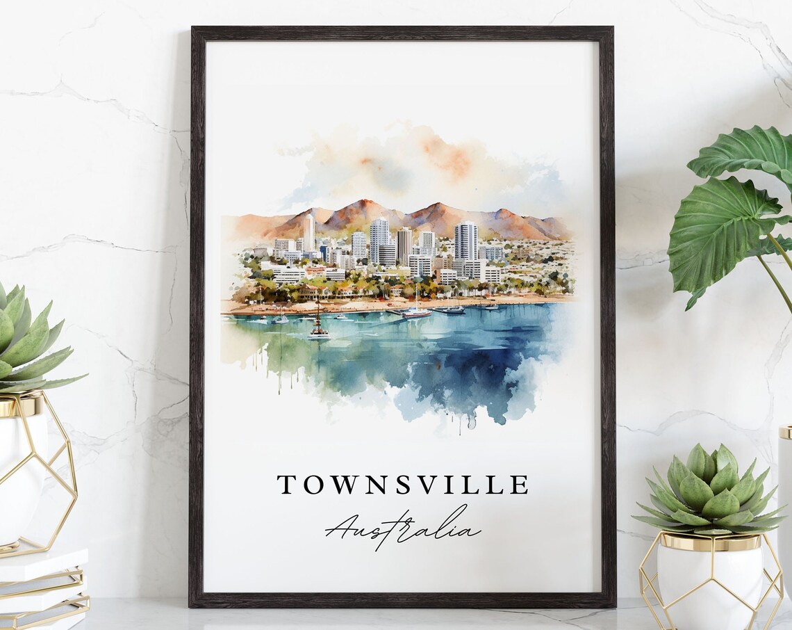 Townsville Australia City Skyline Harbor Mountains Watercolor Poster