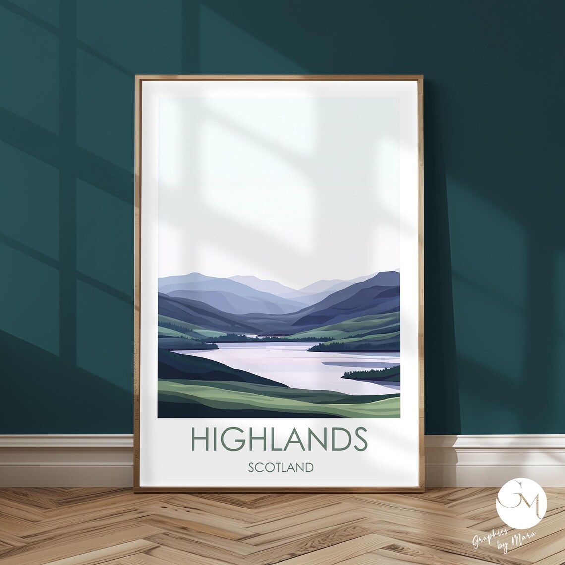 Scottish Highlands Misty Loch Mountains Green Travel Art Poster