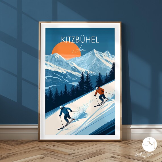 Kitzbühel Austria Two Skiers Sunset Minimalist Winter Travel Poster