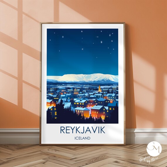 Reykjavik Iceland Starry Winter Night Cityscape Snow Travel Poster