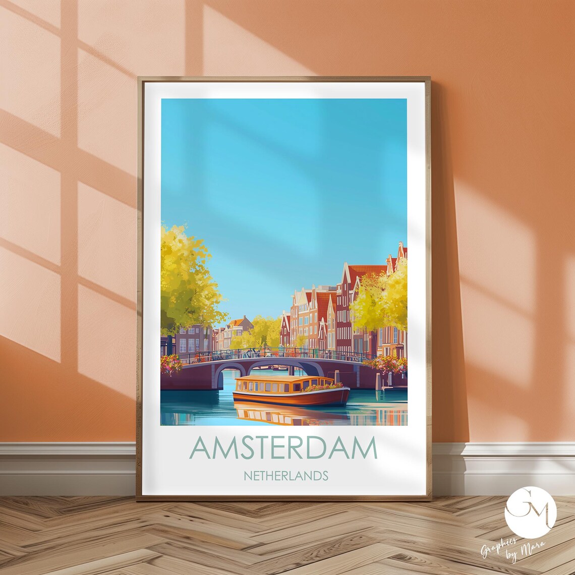 Amsterdam Canal With Tour Boat Netherlands Colorful Travel Poster