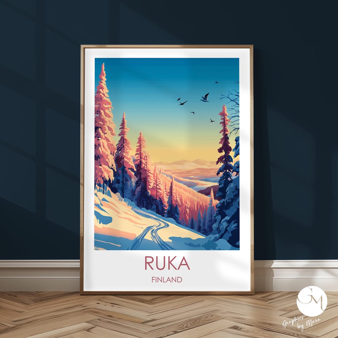 Sunlit Snowy Forest Valley Ruka Finland Winter Travel Poster