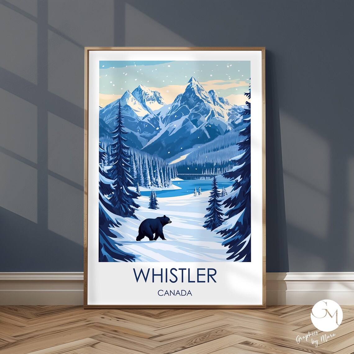 Whistler Canada Black Bear Crossing Snowy Lake Mountain Winter Poster