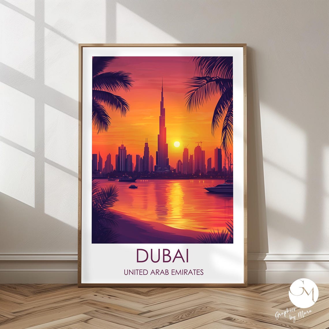 Dubai United Arab Emirates Sunset Skyline Beach Travel Poster
