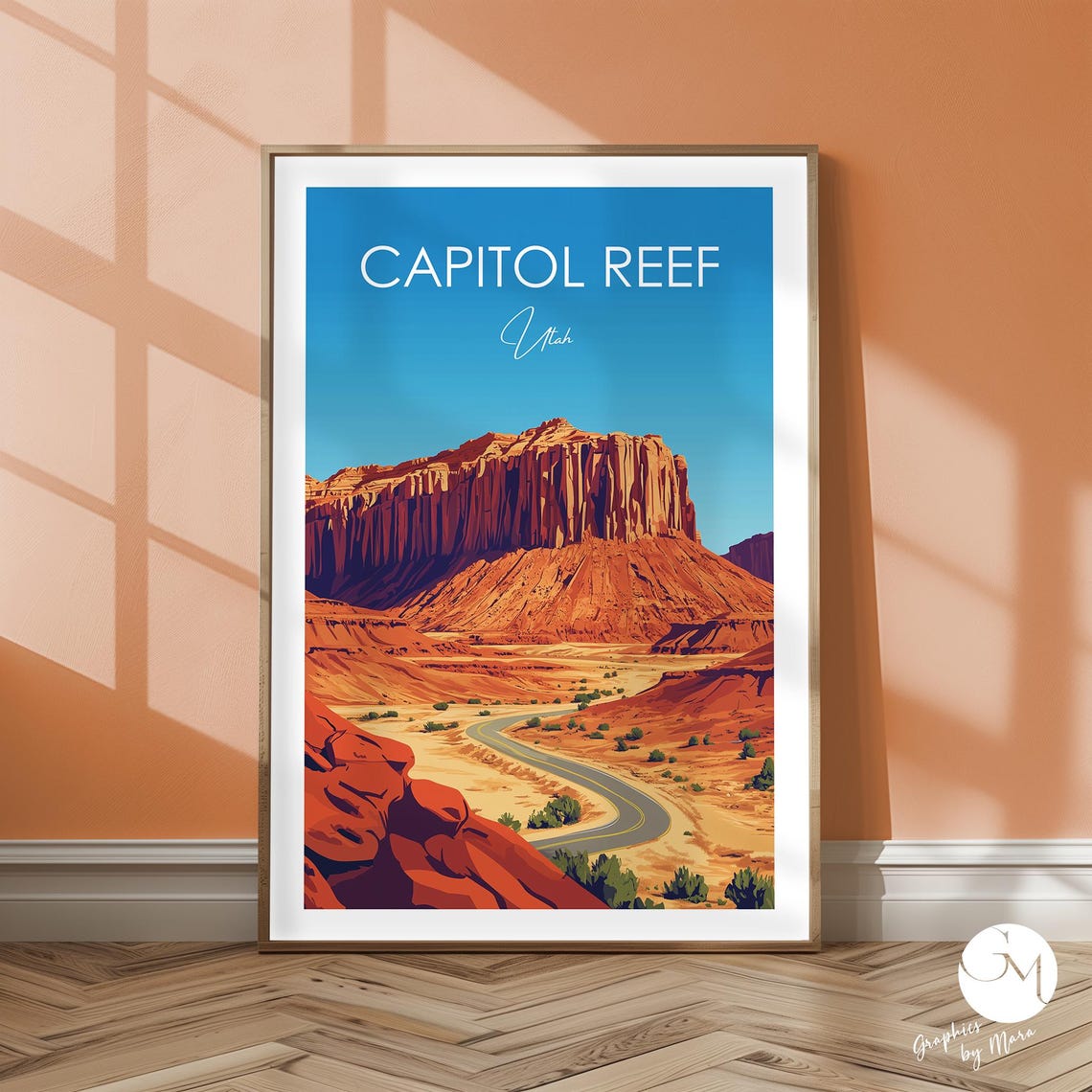 Capitol Reef Utah Red Rock Desert Canyon Winding Road Travel Poster